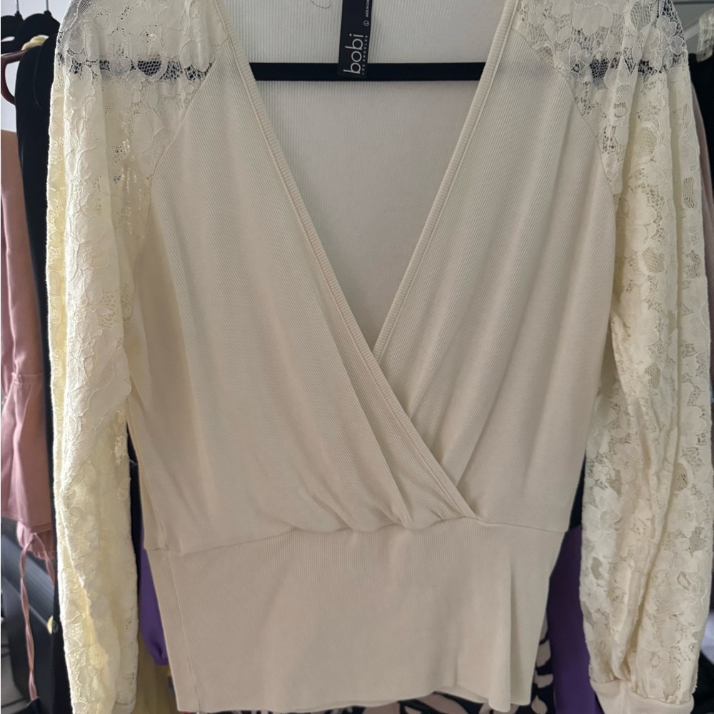 Bobi Los Angeles Ivory Lace Sleeve Wrap Blouse